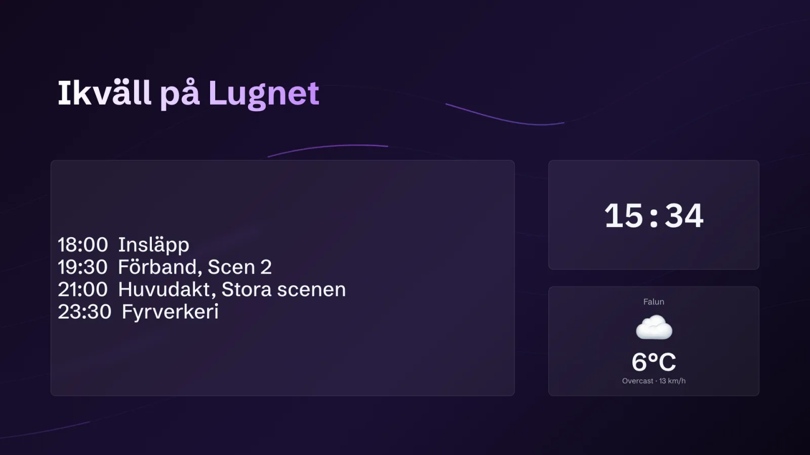 En programskärm för kvällen med tider, klocka och väder