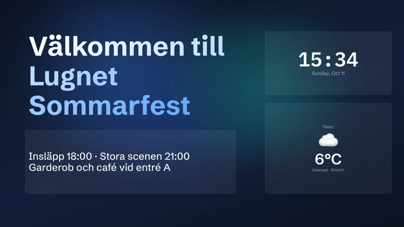 En välkomstskärm i entrén: rubrik, praktisk information, klocka och väder för Falun
